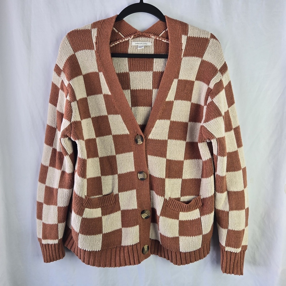 American Eagle Check Oversize Cardigan Sweater XS Boho Boxy Academia Retro‎ Cozy